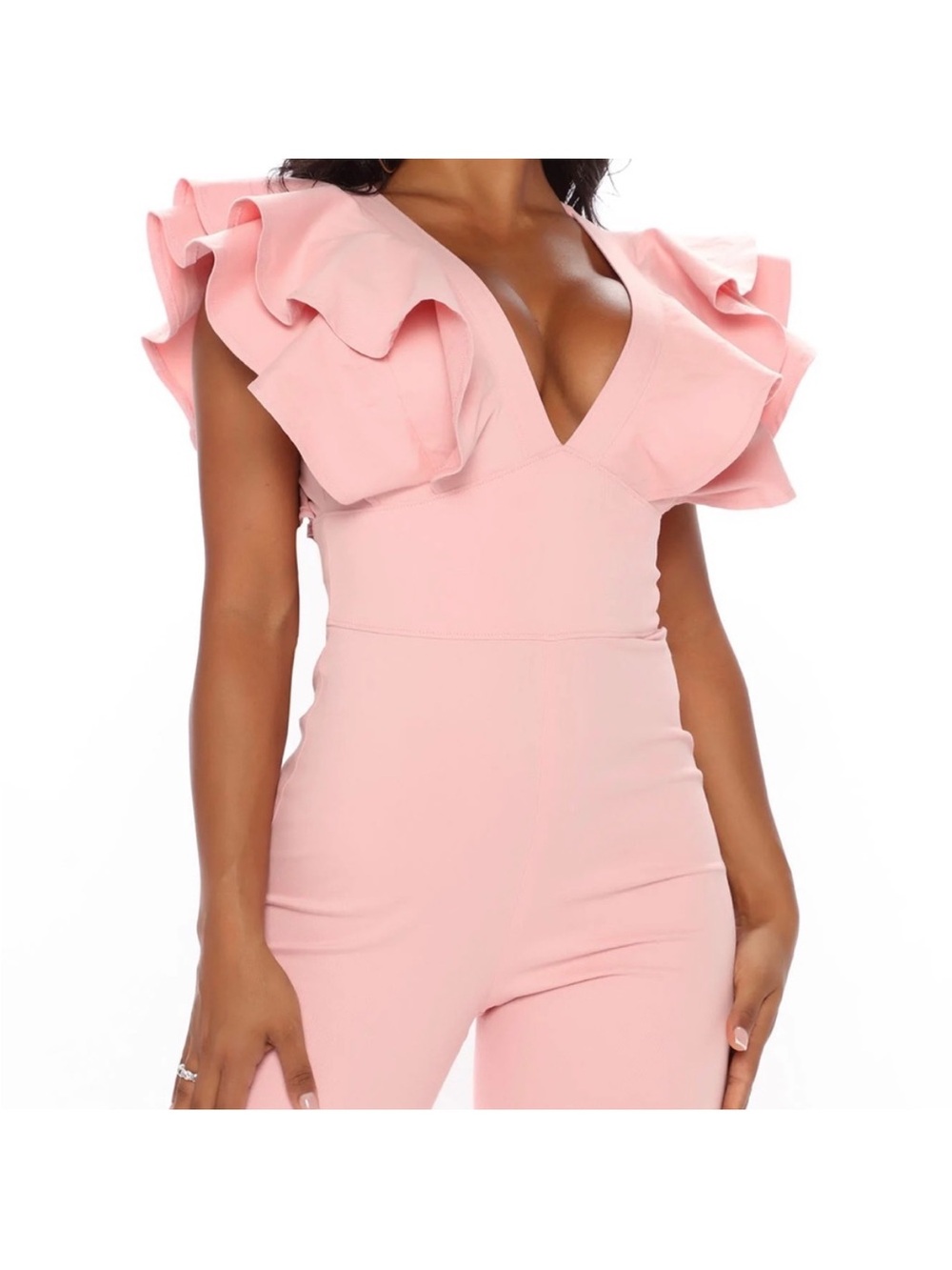 Blush Pink Ruffle Shoulder Denim Jumpsuit NWT